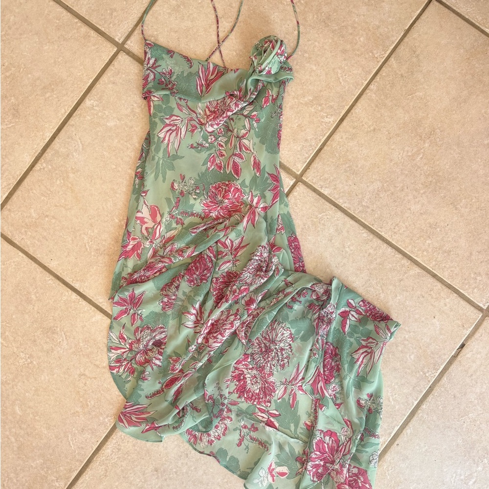Zara Strapless Green and Pink Floral Dress